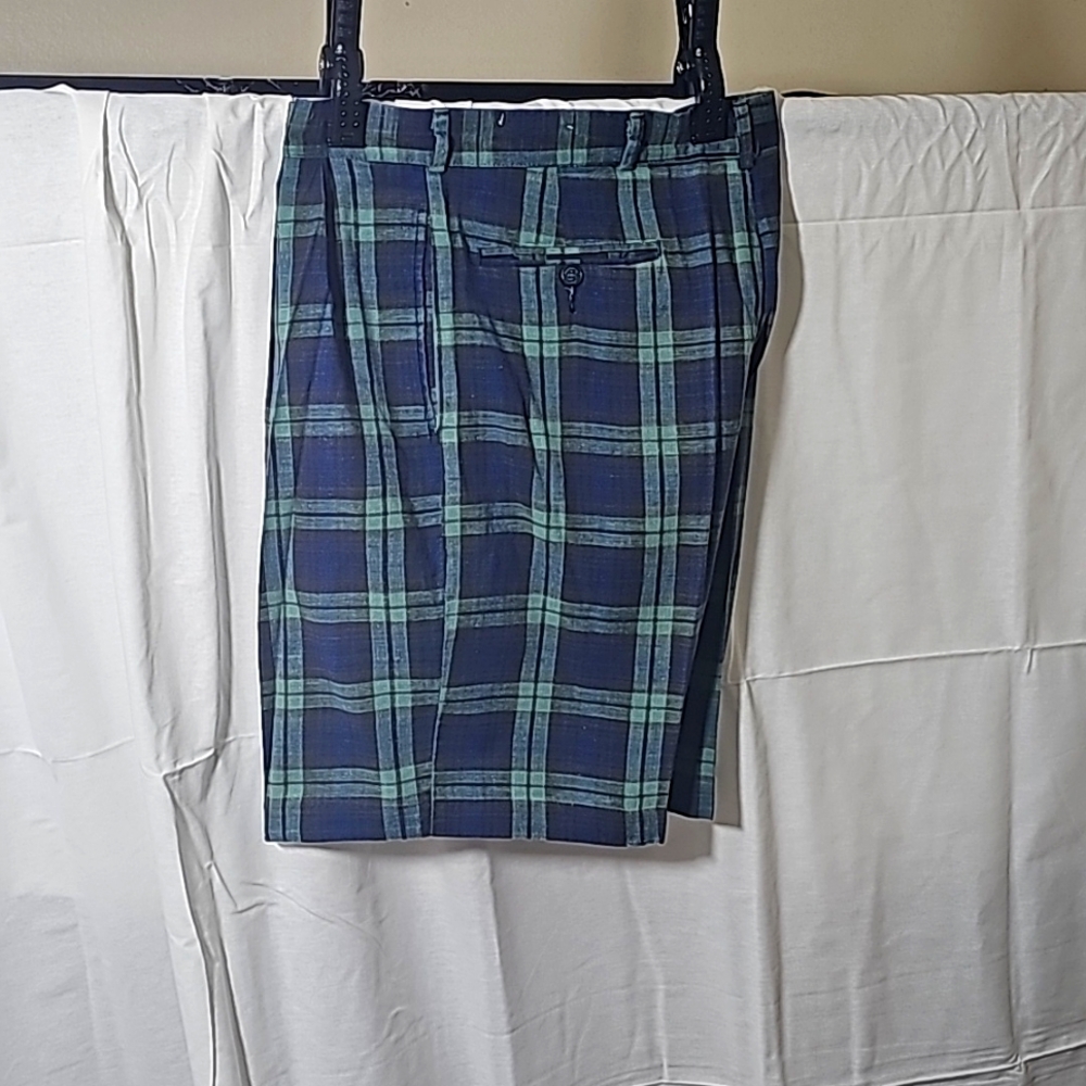 Plaid shorts, not sure of manufacturer green blue & black